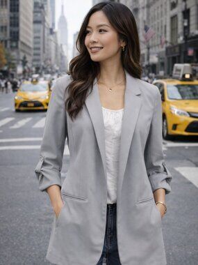 Zara Basic Open Front Blazer with Ruched Roll Tab Sleeves Size XS Sand